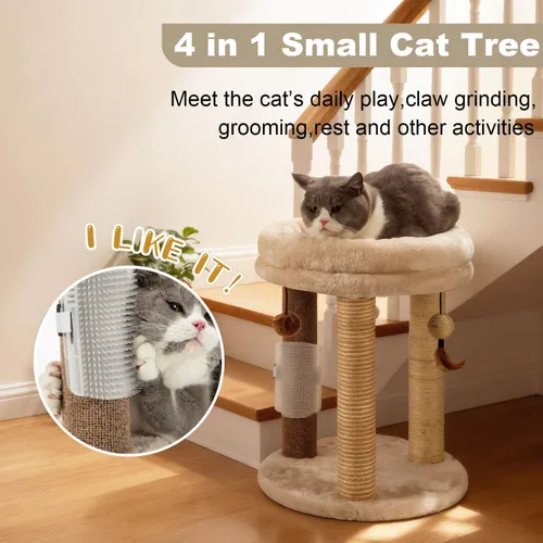 Miniatura 2 de MECOOL Árbol pequeño para gatos 4en1, poste rascador con torre, cama suave, alfombra de sisal, postes de yute con tres juguetes de bola colgante