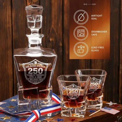 Miniatura 6 de Personalized 250th Anniversary Rocks Whiskey Decanter Set – USA 250 Independence Gift for Men, Custom Engraved Family Name or Text, Decanter, 4