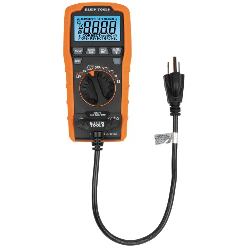Miniatura 15 de Klein Tools ET270 Multímetro digital de rango automático, CA/CC, resistencia, continuidad, probador de receptáculo GFCI con cables de prueba y cable
