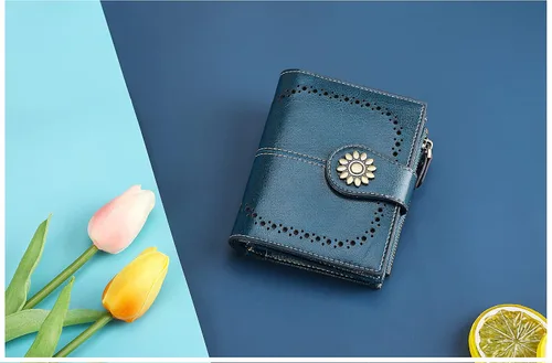 Miniatura 5 de Lavemi Cartera de cuero para mujer pequeña compacta con bloqueo RFID con bolsillo con cremallera