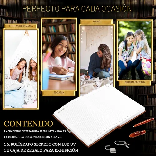 Miniatura 6 de Diario con candado de Harry Potter con bolígrafo de tinta invisible UV para niños, adolescentes, diario secreto con llave, páginas rayadas, Marrón