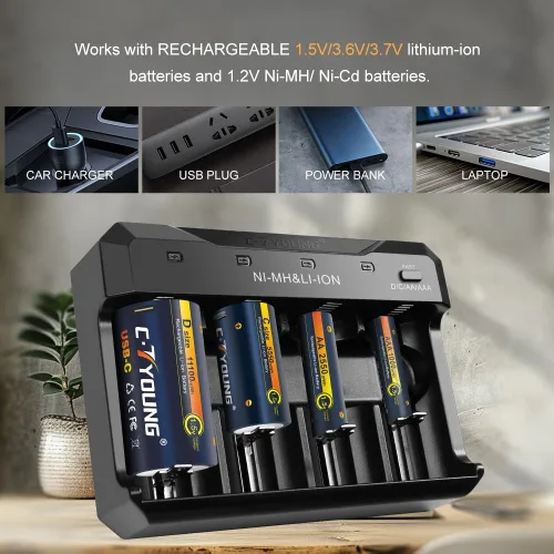 Miniatura 5 de Baterías recargables C 1.5V 4 paquetes con cargador de batería universal Litio USB, 5500 mWh, compatible con pilas AA AAA C D