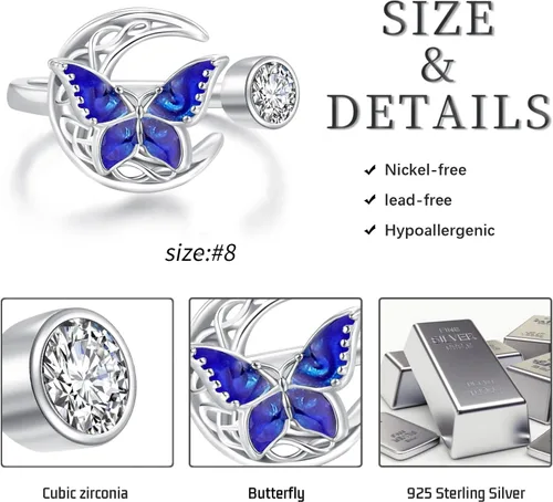 Miniatura 4 de Twoowl Anillo de mariposa de plata de ley 925 con luna celta irlandesa, regalos de joyería celta para mujeres y niñas, Plata de ley, Sin piedras