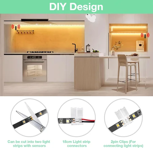 Miniatura 6 de WOBANE Tira de luz LED activada por doble movimiento, tira de luz recargable de 16.4 pies, luz de cinta alimentada por batería para debajo