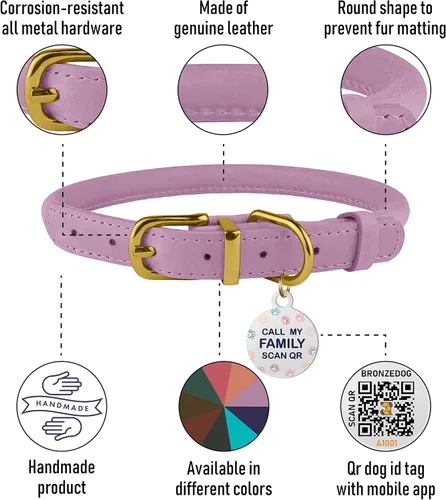 Miniatura 2 de Collar de cuero enrollado, redondo, suave y ajustable con placa de identificación por QR para perro pequeño, mediano y grande, cachorro y gato