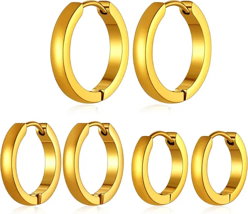ChainsHouse Juego de aretes de aro de acero inoxidable quirúrgico hipoalergénico, chapado en oro de 18 quilates, 0.276in, 0.315in, 0.354in, 0.472in,