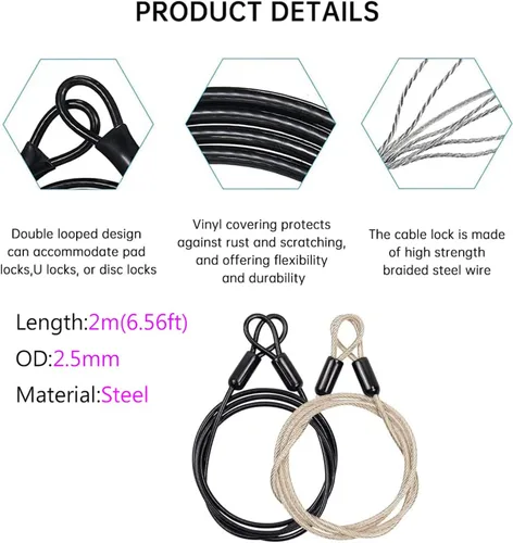 Miniatura 2 de WANLIAN Cerradura de cable de acero inoxidable, cerradura de seguridad de viaje al aire libre de 6.5 pies, cerradura de equipaje de cuerda