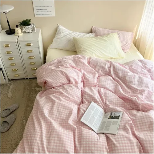 Miniatura 4 de Juego de ropa de cama de algodón rosa, tamaño Queen, matrimonial, tamaño matrimonial, sábanas ajustables, juego de funda de edredón para el hogar