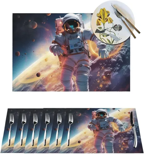 6 PCS PVC Placemats Set Place Mats Astronaut in Space Non-Slip Weave Place Mats 12" x 18" Farmhouse Table Mat Set for Family Dinners Wedding Parties