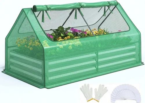 Miniatura 16 de Quictent juego de cama de cultivo elevada y galvanizada con cubierta de metal, con 2 ventanas, pequeño invernadero, con 20 etiquetas y guantes