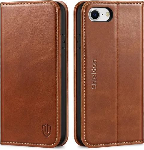 Miniatura 9 de SHIELDON Funda para iPhone SE 2022/SE 2020, tarjetero de piel auténtica, soporte magnético, funda de protección a prueba de golpes, compatible