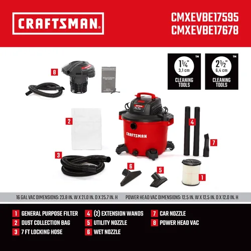 Miniatura 4 de CRAFTSMAN CMXEVBE17595 Aspiradora de Taller Húmedo/Seco de Servicio Pesado de 16 Galones 6.5 HP Pico con Filtro, Bolsa para Polvo, Manguera