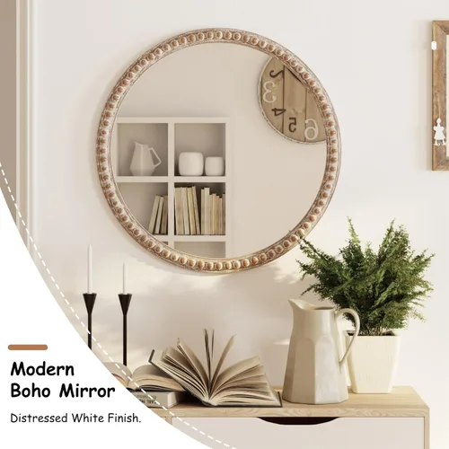 Miniatura 3 de COZAYH Espejo decorativo con marco de madera envejecida, espejo decorativo de pared estilo rústico (redondo)