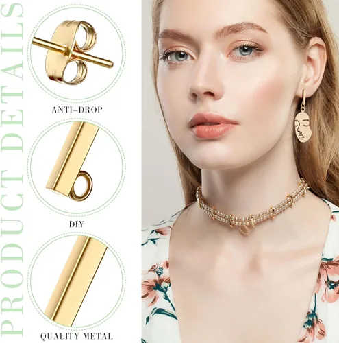 Miniatura 3 de Hinly 80 aretes de acero inoxidable con bucle, 80 piezas de barra de tuerca de oreja, poste perforado para hacer joyas de bricolaje, 2 tamaños Dorado