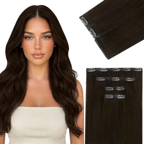 Miniatura 39 de Ve Sunny Extensiones de cabello clip-in de cabello humano real con reflejos, extensiones de cabello con clip para cabello corto, marrón oscuro
