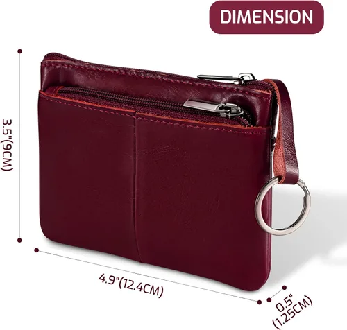 Miniatura 3 de Monedero de cuero genuino con triple cremallera para tarjetero con llavero, Rojo vino, Monedero