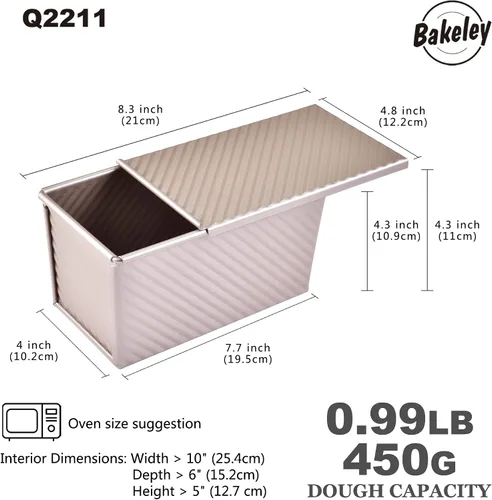 Miniatura 2 de Molde antiadherente para pan Pullman con tapa, 450g Rectángulo ondulado para hornear en el horno, capacidad para masa 21,1 x 12,2 x 10,9 cm