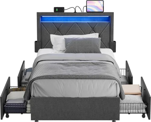 VASAGLE Base de cama LED tamaño individual, cama individual con cabecera y 4 cajones, 1 puerto USB y 1 puerto tipo C, cabecera tapizada ajustable de