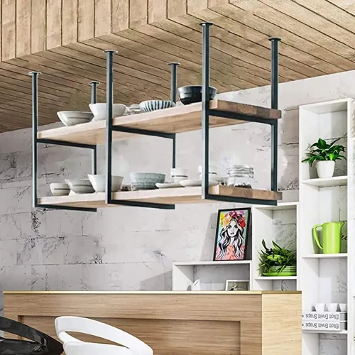 Miniatura 4 de Shelves Ceiling Shelf 2 Layer Ceiling Mount Storage Rack With Wooden Boards, Metal Display Stand, Restaurant, Bar, Cafe Hanging Decoration Storage