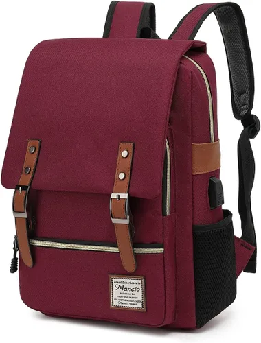 Miniatura 7 de Mancio Mochila vintage delgada para laptop para mujeres y hombres, bolsa universitaria de negocios resistente a desgarros con puerto de carga USB