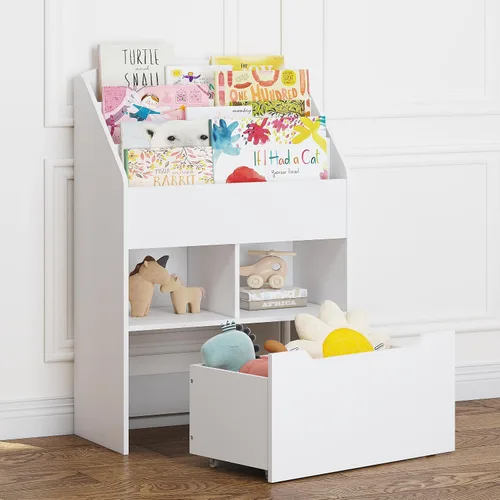 Miniatura 5 de UTEX Estantería para niños con caja de juguetes móvil, estante para libros y almacenamiento de juguetes, estante de exhibición de libros para niños