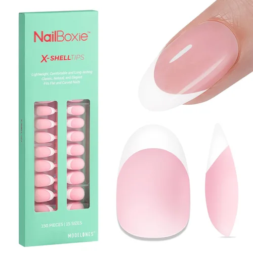 modelones Uñas postizas adheribles de punta francesa, 150 piezas de uñas postizas cortas de almendra con caja de uñas, puntas de uñas de gel rosa