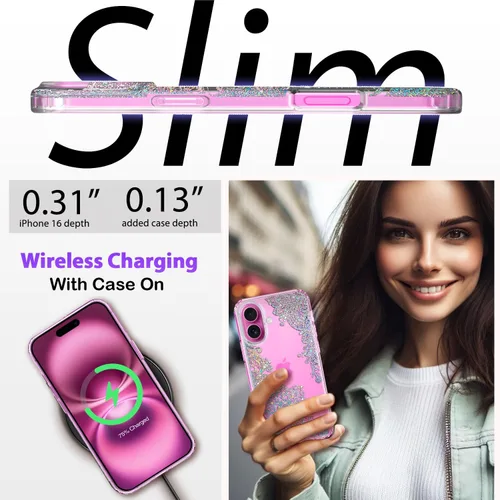 Miniatura 6 de Funda para iPhone 16, con protector de pantalla, linda para mujeres y niñas, funda protectora de grado militar de 10 pies para iPhone 16, funda