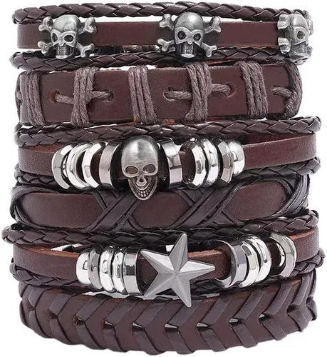 Miniatura 7 de NIGHTCRUZ 6 pulseras trenzadas de cuero, pulsera de cuero medieval con calavera