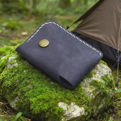 Miniatura 22 de Cartera organizadora de tarjetas de bolsillo frontal cosida a mano minimalista de cuero genuino para tarjetas, billetera con tarjetero pequeño, Negro