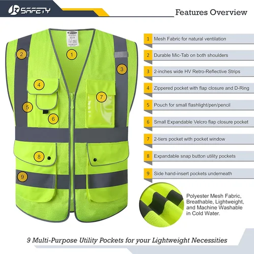 Miniatura 3 de JKSafety Chaleco de seguridad clase 2 con cremallera frontal, malla HQ ligera, de alta visibilidad, 9 bolsillos, cuerpo de color neón con tiras