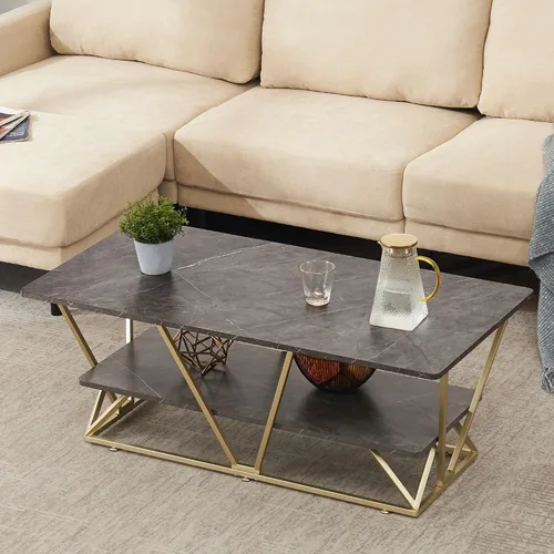Miniatura 7 de ivinta Mesa auxiliar con almacenamiento, mesa central rectangular moderna con mármol sintético y marco dorado para espacios pequeños, mesa de sala