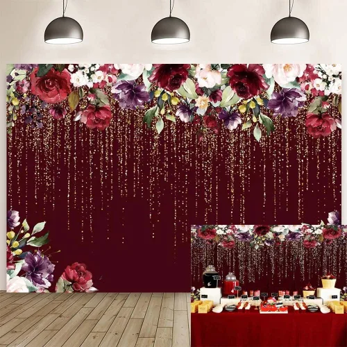 AIBIIN Fondo floral burdeos de 7 x 5 pies con purpurina dorada (sin purpurina real), decoración de fiesta de cumpleaños, flores rojas, decoración de