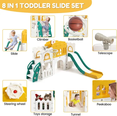 Miniatura 2 de GarveeLife Zona de juegos interior 8 en 1 para niños pequeños con tobogán juego de tobogán para bebés de 1 a 3 años, tobogán para niños incluye aro