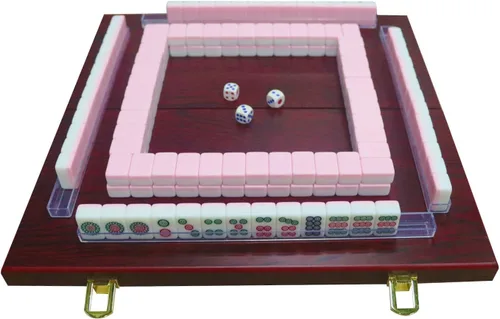 Juego de mahjong chino en miniatura con mesa plegable 144 mini-azulejos, estuche y accesorios, juego de viaje (rosa, 0.866 in)