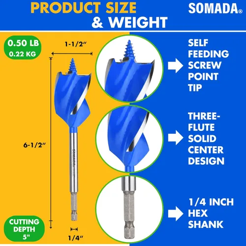 Miniatura 4 de SOMADA Broca de taladro de 1-1/2 pulgadas x 6-1/2 pulgadas para madera, vástago hexagonal de cambio rápido de 1/4 pulgadas, broca larga de tres