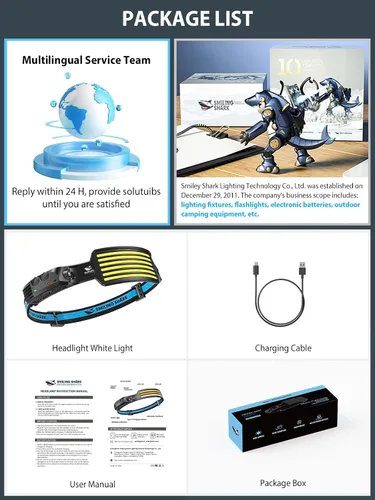 Miniatura 7 de Smiling Shark Linterna frontal recargable, gran angular de 230°, 6 luces blancas, la lámpara LED más brillante, faro impermeable para camping