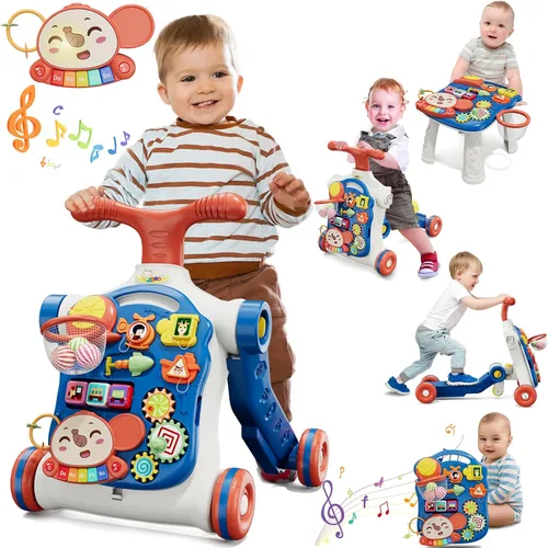QDRAGON Andador de empuje 5 en 1 para bebés varones, aprendizaje para caminar para niños pequeños, andador de sentado a de pie, juguete de empuje
