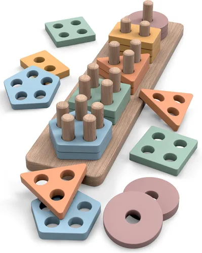 GOPO TOYS Juguetes Montessori para niños de 1 año - Clasificador de formas de madera y rompecabezas apilables - Aprendizaje de niños pequeños,