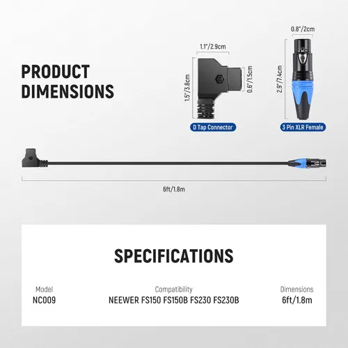 Miniatura 7 de NEEWER D Tap macho a 3 pines XLR hembra cable de alimentación 6 pies/5.9 ft para iluminación de video continuo por baterías de montaje en V, solo