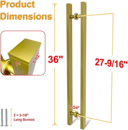 Miniatura 2 de Manijas Cuadradas de Titanio Dorado para Puerta de Granero 12"/24"/36"/48"/59", Manija Larga de Puerta Francesa de Empujar y Tirar de Doble Cara