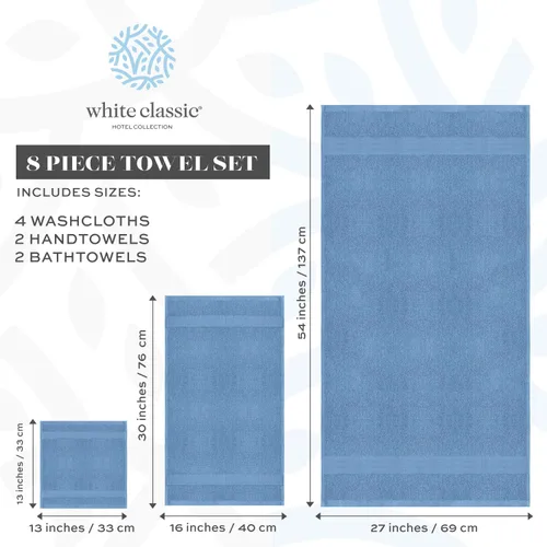 Miniatura 5 de White Classic Juego de 2 toallas de baño de lujo azul claro de 22 x 34 pulgadas y 8 toallas