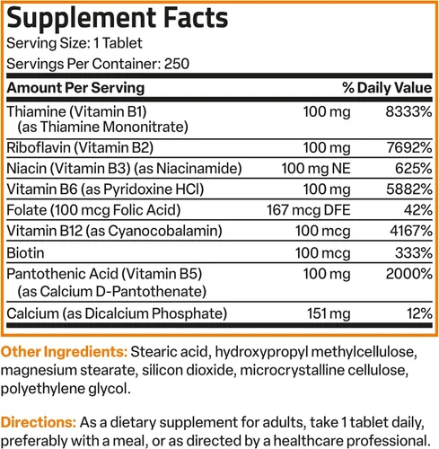 Miniatura 8 de Bronson Complejo de Vitamina B Super B 100 de Liberación Sostenida Contiene Todas las Vitaminas B (Vitamina B1, B2, B3, B6, B9 - Ácido Fólico, B12)