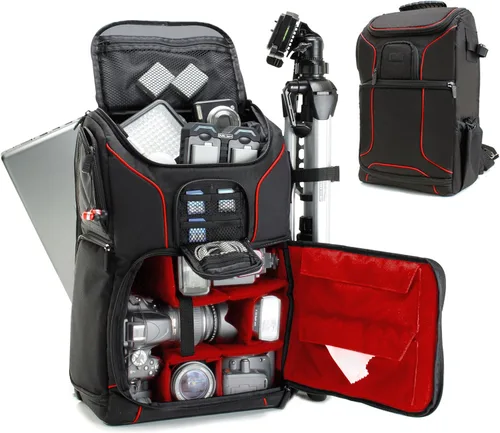 USA Gear - Mochila para cámara para fotógrafos DSLR/SLR/cámara sin espejo con ranura para laptop, cubierta para la lluvia, soporte para trípode Rojo