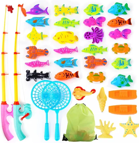 Juego de pesca magnético, 36 piezas de animales marinos oceánicos, peces flotantes de plástico con bolsa de almacenamiento de red de varilla, juego