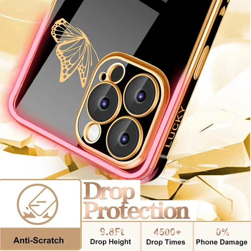 Miniatura 6 de Petitian Funda para iPhone 14 Pro Max, diseño de mariposas para mujeres y niñas, diseño dorado para iPhone 14 Pro Max, cubierta femenina chapada