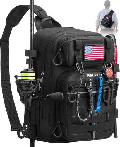 Miniatura 16 de Mochila Piscifun impermeable, de un solo hombro para almacenar los aparejos de pesca. Bolsa de correa cruzada multifuncional para camping, Doble