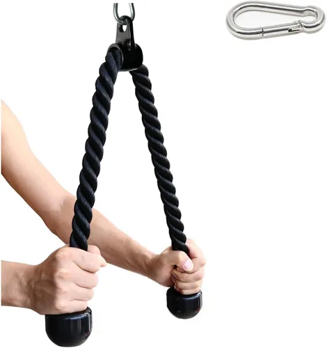 Tricep Rope 27 & 36 inches 2 Colors Fitness Attachment Cable Machine Pulldown Heavy Duty Coated Nylon Rope with Solid Rubber Ends Negro-36''