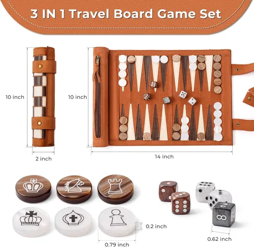 Miniatura 2 de Woodronic Juego de damas de backgammon de ajedrez de viaje 3 en 1, juego de backgammon de cuero enrollable con 32 piezas de perlas premium y 5 Marrón