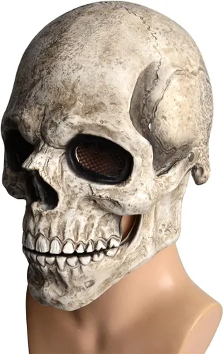 Miniatura 3 de Máscara de calavera con mandíbula móvil, máscara de calavera humana con mandíbula móvil, espeluznante casco de látex realista para Halloween gris