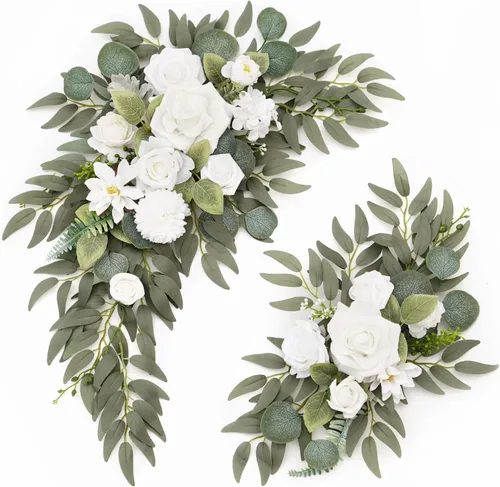 Miniatura 10 de Muhanjia Letrero de boda con estampado de flores sintéticas (paquete de 2) para ceremonia, fiesta, recepción, entrada, decoración floral, caballete